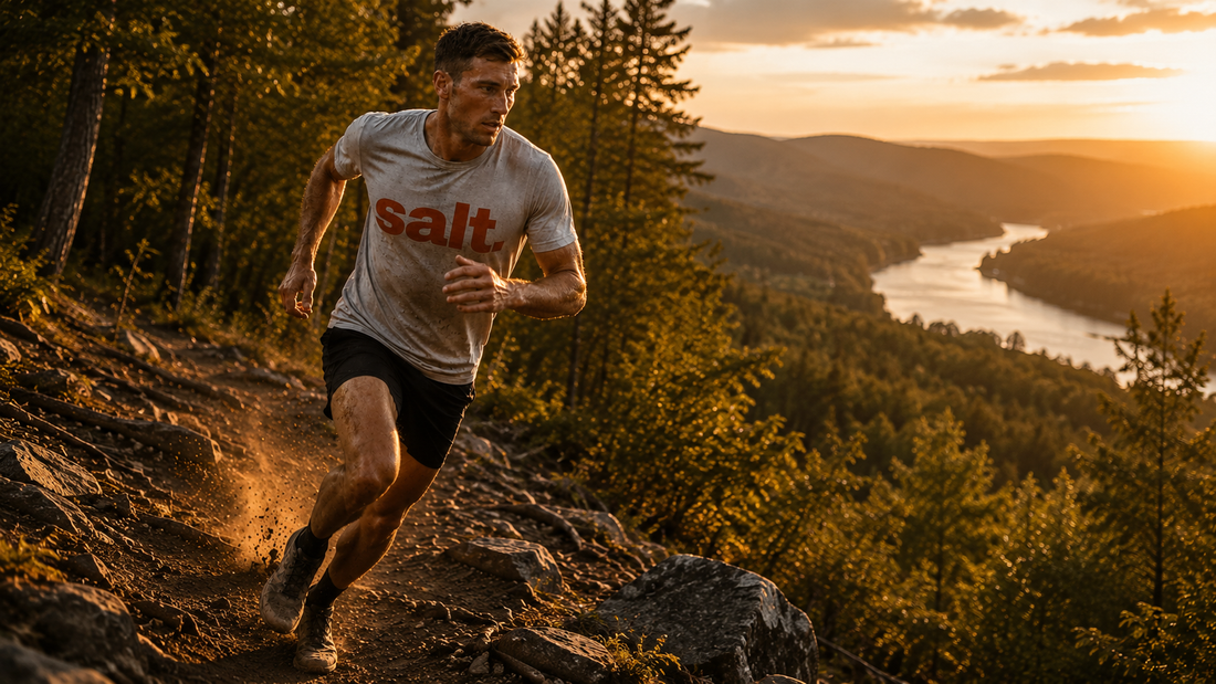 man running through the hills of hudson valley in the morning 