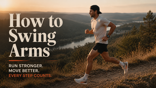 Runner on a Hudson Valley trail demonstrating proper 90 degree arm swing form while running in a salt. tee