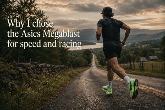 running down the road in hudson valley wearing the asics megablast shoe