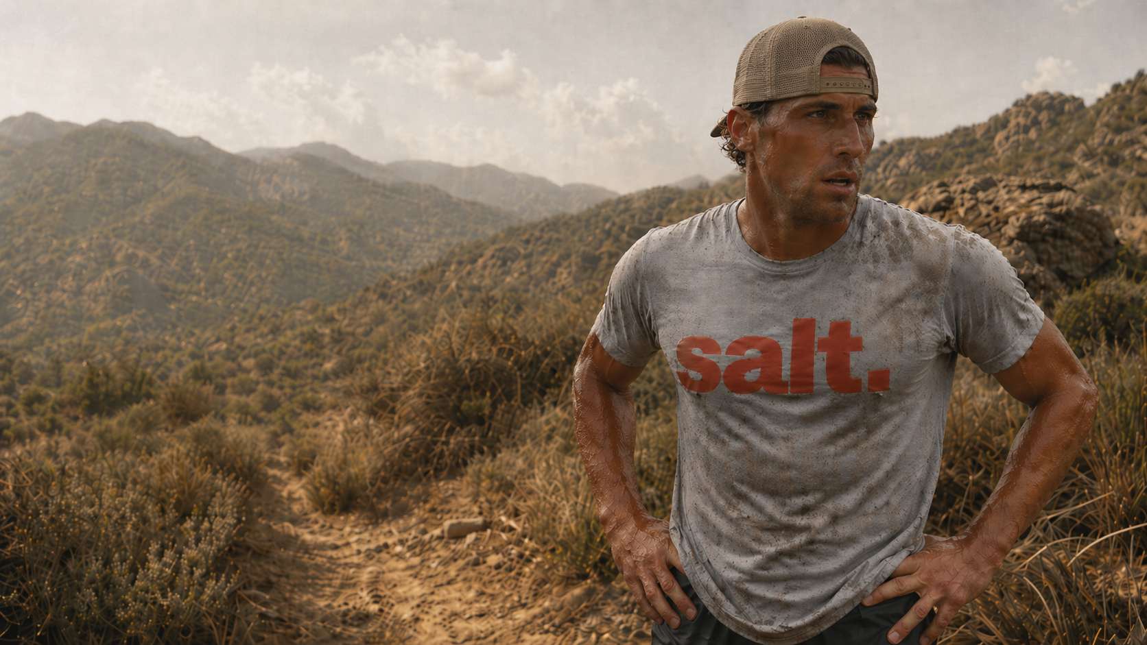 Man standing on a mountain trail wearing a 'salt.' t-shirt